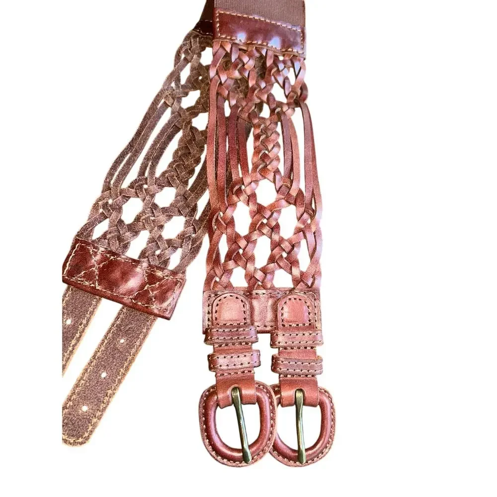 Vintage Brown Leather Woven Wide Kidney Belt 1990s XS western Triple Buckle